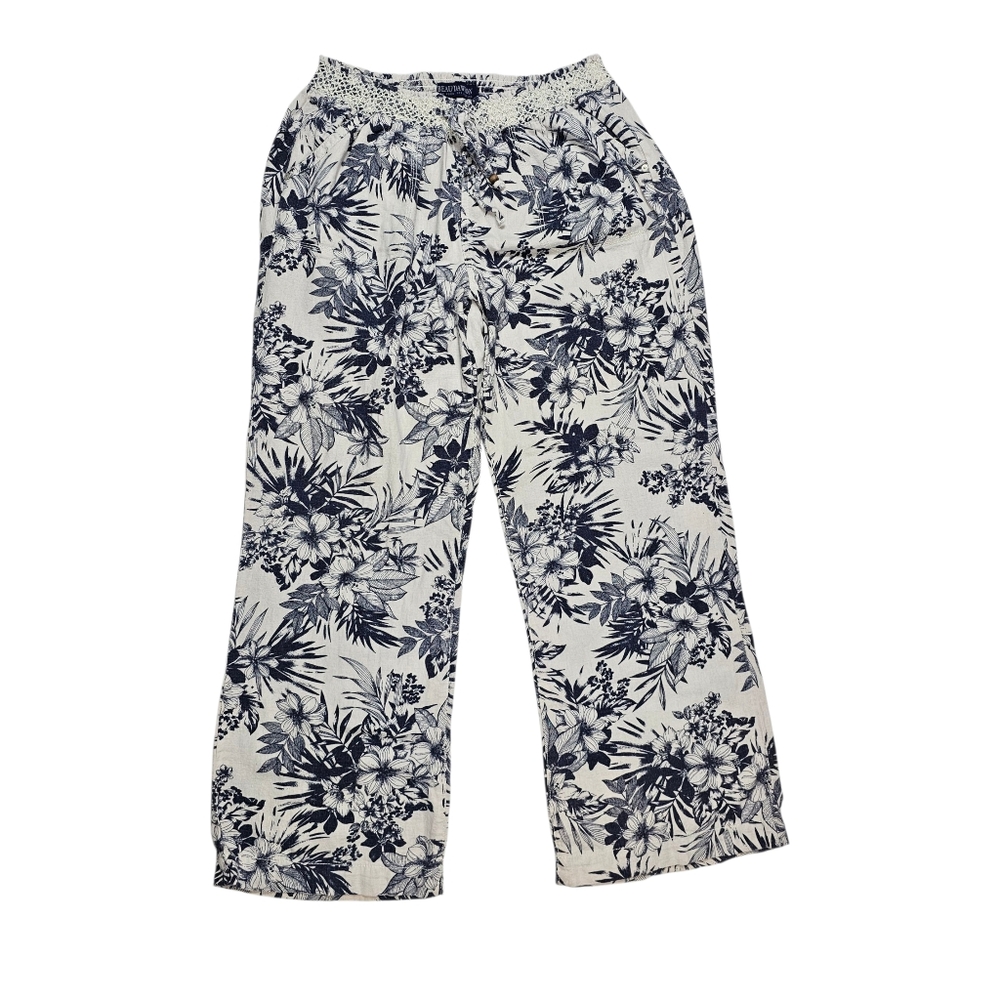 Beau Dawson Navy Blue Floral Linen Blend Smocked Waistline Pants Women's Size XL